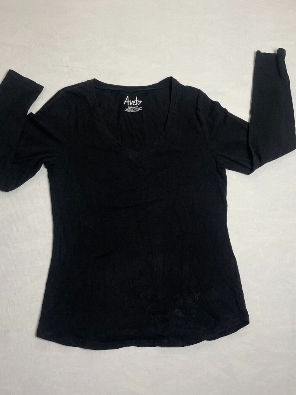 Aveto Womans Blouse Top Black Solid Large Cotton Blend Short Sleeve V Neck